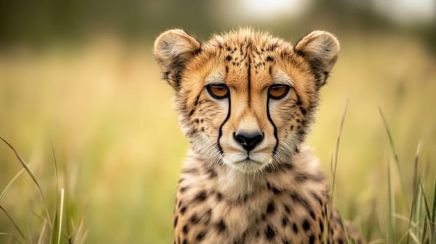 Cute cheetah cub surrounded by green leaves, observing the environment