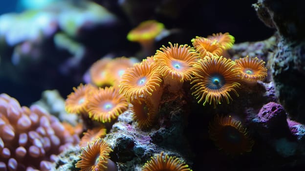 Cluster of bright orange sea anemones with tentacles extended in underwater reef environment, vivid contrast against dark marine background