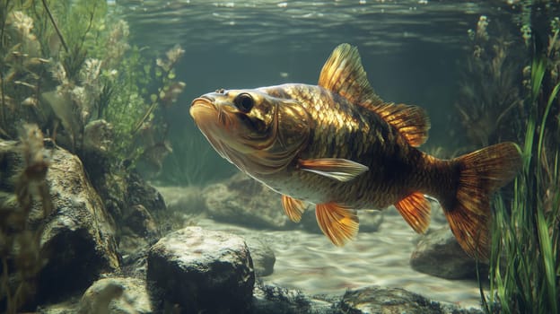 Close-up of freshwater fish swimming near underwater vegetation in lake environment, fish in its natural habitat