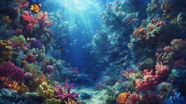 Underwater colorful coral reef teeming with diverse marine life and fish species beneath crystal clear blue water background, with sunlight streaming through surface
