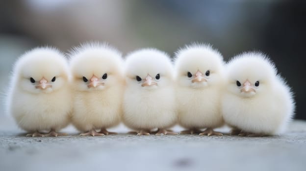 Five fluffy cute baby chicks stand side by side, looking soft and innocent