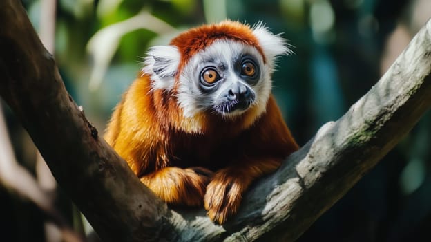 A wide-eyed red lemur with orange fur sits on a tree branch, looking curious