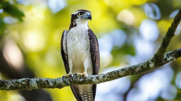 A majestic hawk sits on a tree branch, its sharp eyes scanning the forest below
