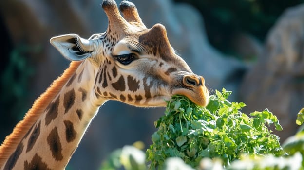 Close-up of giraffe stretches its neck to eat leaves from a tree in the savanna