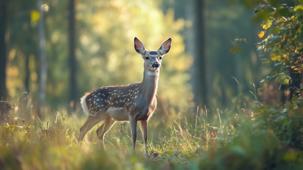 A small spotted fawn stands in a peaceful forest, surrounded by warm sunlight, wildlife photography