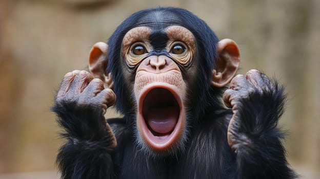 A black shocked chimpanzee makes a funny face, holding up its hands in surprise