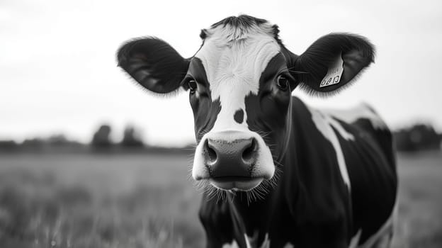 Dairy cow stands in a field, looking at camera, animal husbandry, black and white