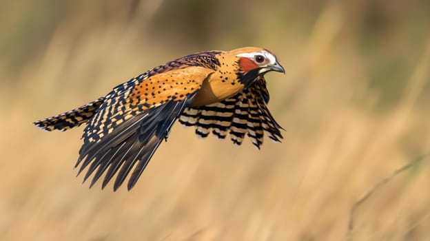 Close-up small bird with intricate patterned wings captured in mid flight against a blurred, golden background. Wings are fully extended, wild animal photography