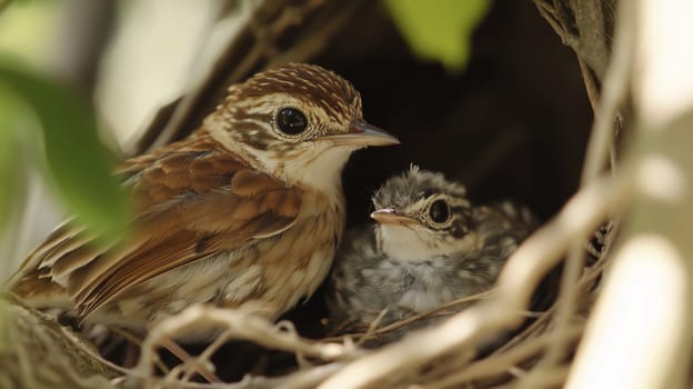 Two small birds nestled in a cozy nest, mother bird watching over them protectively. The soft, downy feathers of the young birds