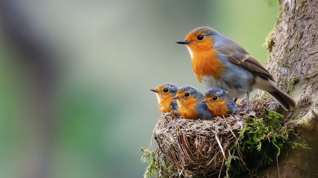 Mother robin bird watches over her chicks in a nest, waiting to feed them