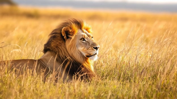 Male lion with a full mane lies peacefully in the tall grass of the African savanna. The warm sunlight illuminates its fur, creating a sense of tranquility and power