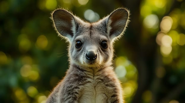 Close-up of young kangaroo stands among green trees, looking at camera and curious