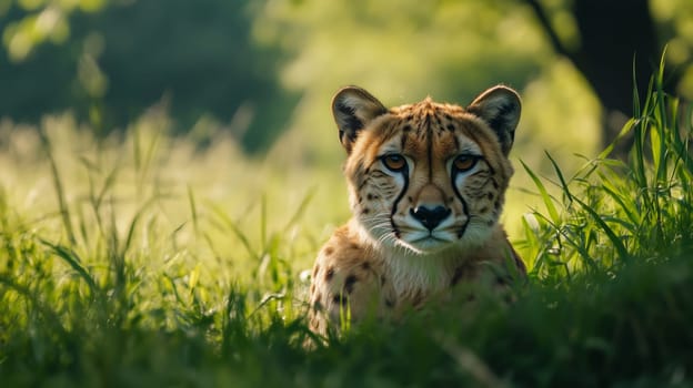 A young cheetah cub rests in tall green grass. Its spotted coat blends in with the surroundings while observes its environment