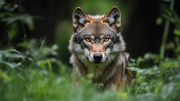 Eurasian wolf peers intently from the lush green undergrowth of a forest, its eyes focused and alert. The dense foliage provides camouflage for skilled predator