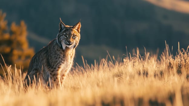 Wild lynx in a golden field during sunset, watching the horizon attentively