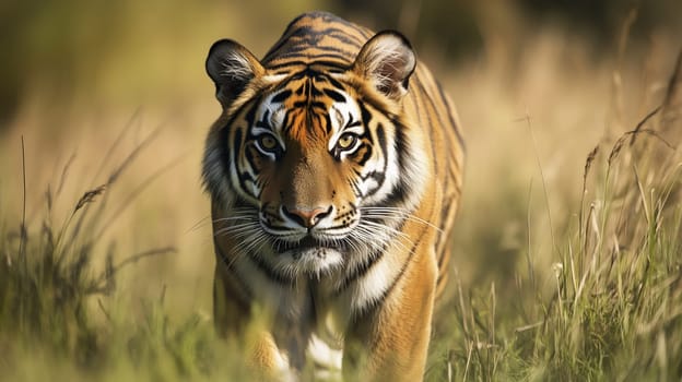 A tiger walks through tall, dry grass, on the hunt, its orange and black stripes camouflaging it against the golden background
