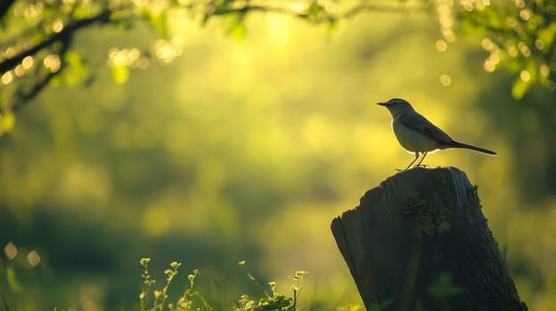 A small, brown bird perched on a tree stump in the morning, warm glow of sunrise. The blurred background, tranquil forest setting