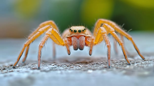 A close-up of a bright orange spider with large eyes and furry legs, standing on a rock in a natural setting
