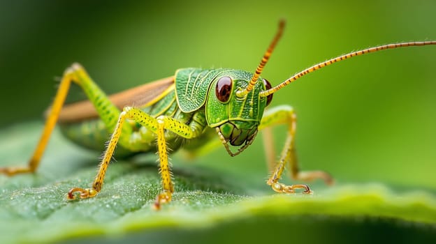 A bright green grasshopper with long antennae and large eyes sits on a vibrant green leaf. Exotic insect close-up