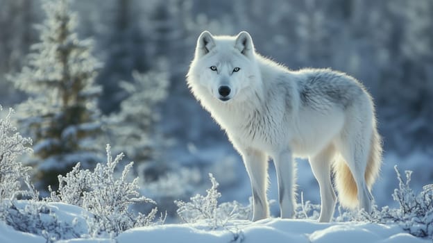 Arctic wolf in winter stands alert amidst a snowy landscape, white fur, snow-covered ground and frosted vegetation