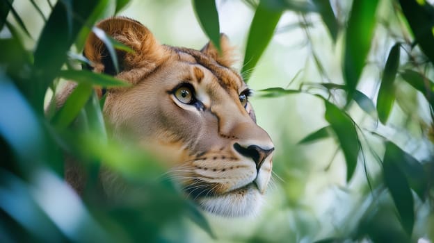 Female lion, a lioness, is hidden amongst green leaves. Looking away, watchful observation