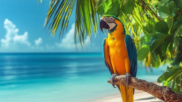 Bright blue and yellow macaw parrot on a branch by the beach, with the ocean and palm trees in the background, tropical island