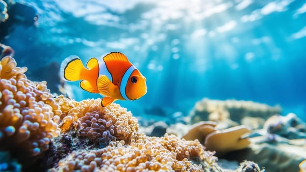 Vibrant clownfish swimming among tentacles of host sea anemone in symbiotic relationship, showcasing this famous marine partnership in coral reef habitat