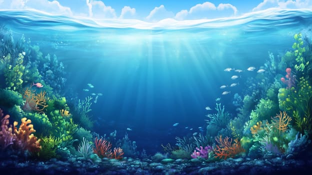 Underwater colorful coral reef teeming with diverse marine life and fish species beneath crystal clear blue water background, with sunlight streaming through surface