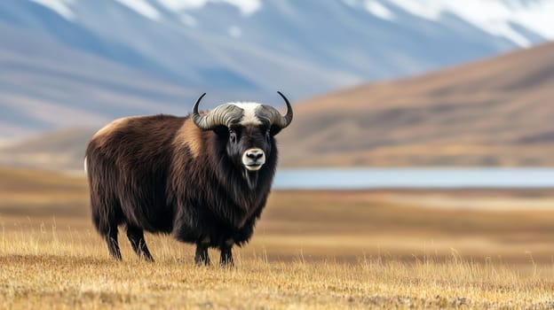 A powerful yak with thick fur stands in a dry valley with mountains behind