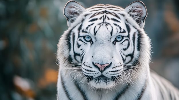 Close-up of rare white tiger with striking blue eyes looks confidently into the camera