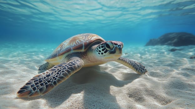 A majestic sea turtle glides through the crystal-clear ocean, moving gently over the sandy floor