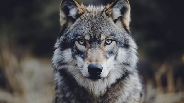 Eurasian wolf peers intently standing in forest, its eyes focused and alert