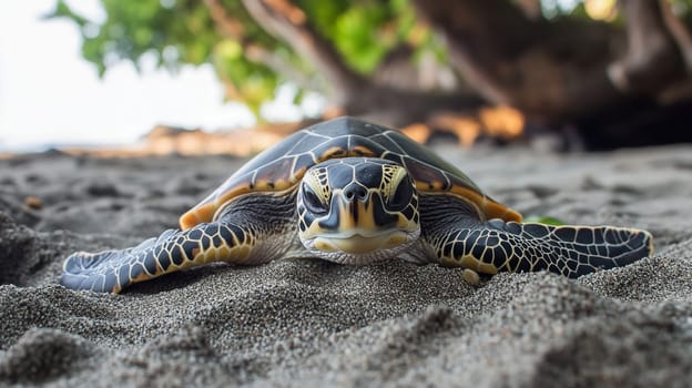 Close-up large sea turtle rests on the shore at tropical beach, animal photography