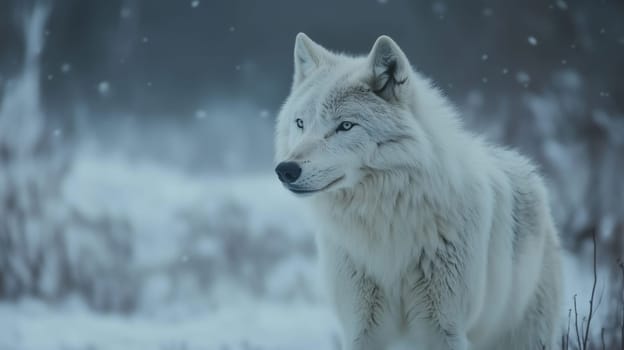 Arctic wolf in winter stands alert amidst a snowy landscape, white fur, snow-covered ground and frosted vegetation