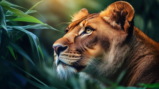 Female lion, a lioness, is hidden amongst green leaves. Looking away, watchful observation