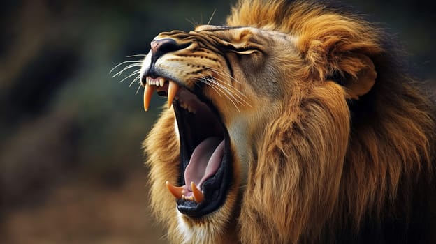 Close-up of a male lion roaring fiercely. Its mouth is wide open, revealing sharp teeth. The intensity of its expression showcases its power and dominance in the wild