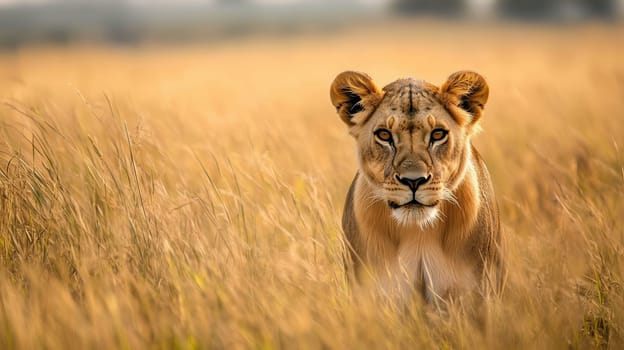 Majestic young lioness stands alert in the tall grass of golden savanna, observing surroundings