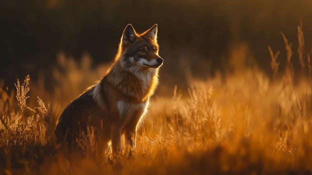 Majestic wolf sits in a field, warm glow of the setting sun, wild animal photography