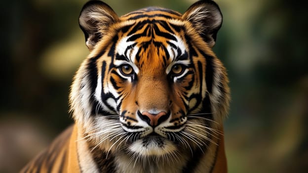 A close-up portrait of a tiger's face. Striped fur, piercing eyes, and strong jaw, predatory nature. Wild animal photography