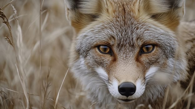 A fox with golden fur gazes forward, surrounded by soft dry grass