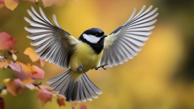 A tiny great tit spreads its wings wide as it soars through a forest with golden autumn leaves