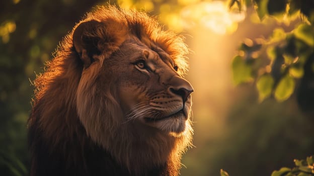 Side profile view of a majestic male lion with a thick fur mane, looking away in forest at sunset