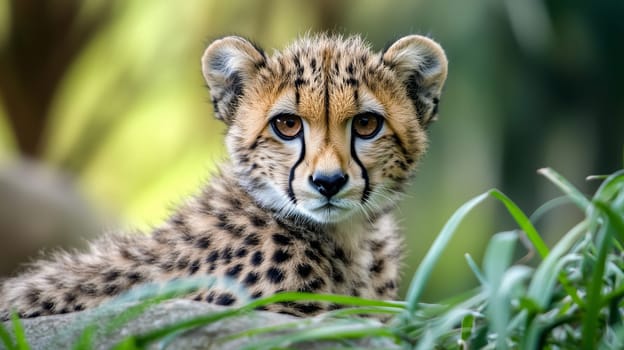 Cute cheetah cub surrounded by green leaves, observing the environment