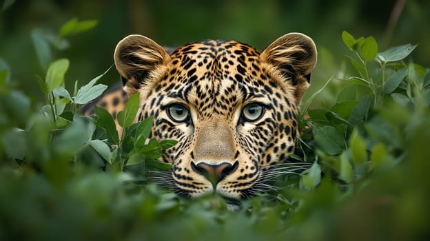 Close-up leopard is camouflaged in dense green foliage. Spotted coat and intense eyes, sense of mystery and wild danger