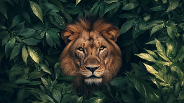 A lion face looking from a thick curtain of green leaves. Sense of mystery and intrigue. The lush foliage provides a natural camouflage for the big cat