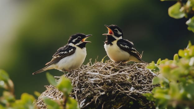 Two young birds sit in their nest, chirping and calling for food while surrounded by fresh green leaves
