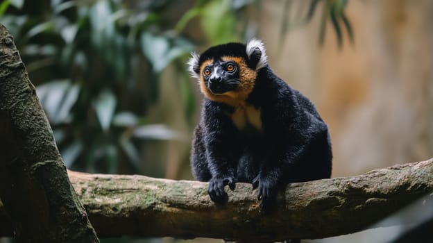 Black lemur sits on a tree branch in the jungle