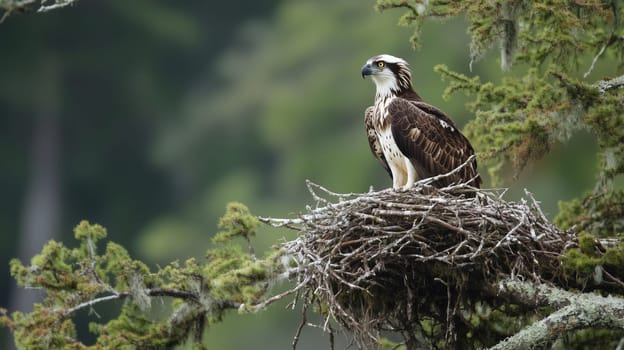 Wild osprey bird sitting on its large stick nest high in a pine tree, nature background, animal photography