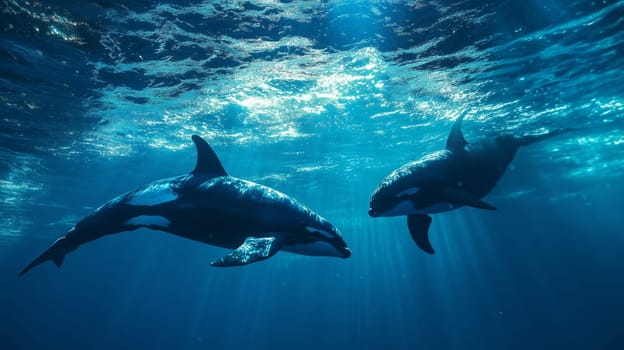 Two orcas, also known as killer whales, swim gracefully through the blue depths of the ocean