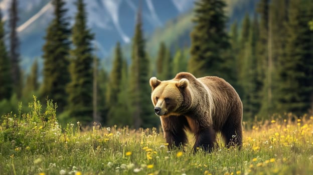 A powerful brown bear walks through a meadow, surrounded by green trees